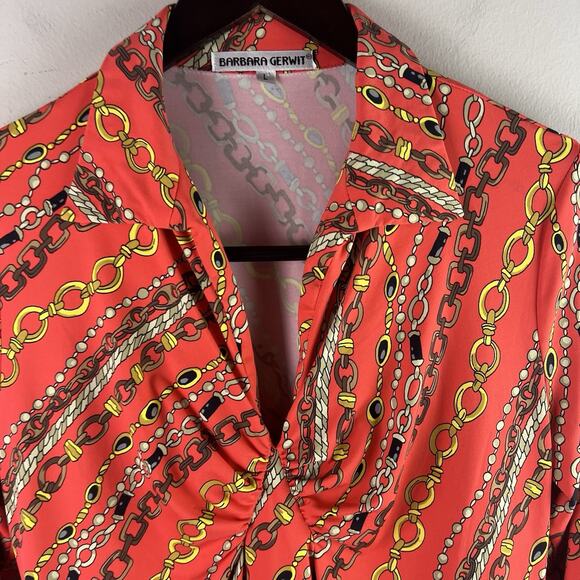 Barbara Gerwit Dress Womens Large Orange Chain Print Long Sleeve Tunic Retro Mod - Picture 3 of 8